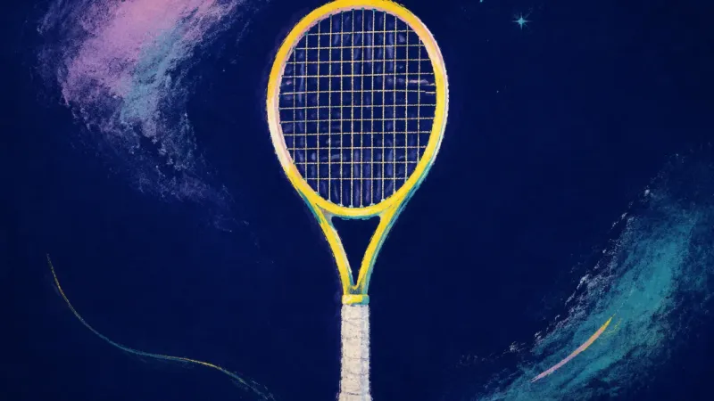 Directed Return A restored tennis racket with an orderly string pattern, symbolizing deliberate support, visible 