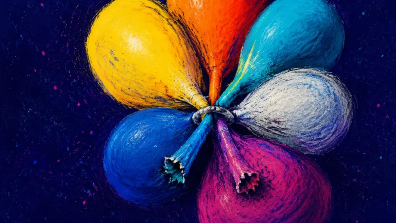 Tethered Belonging Six party balloons crushed into one over-tight tie, symbolizing the fear that belonging with old fri