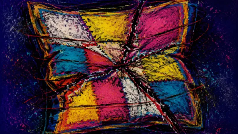 Quilt in Collapse A distorted quilt trapped in dense, cutting lines, representing caretaker burnout and unequal emotio
