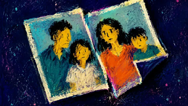 A family photograph folded across the figures, symbolizing resentment hidden behind a carefully kept