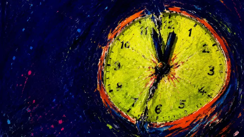 A clock with bent hands locked together, symbolizing the rush to replace breakup loneliness with new