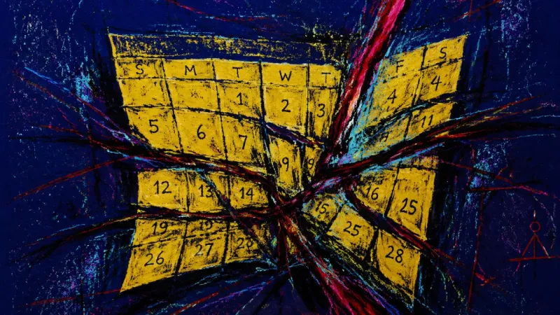 The Unreadable Grid A crushed calendar grid symbolizes the invisible merit trap, where relentless effort is trapped byທ