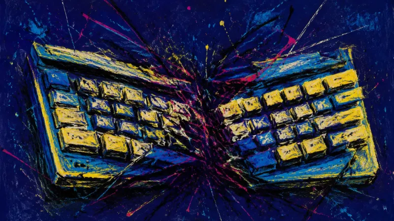 Keys Under Verdict A split keyboard crushed into tangled rows, representing coursework dread and the pressure of