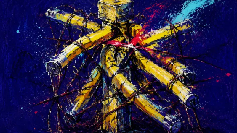 A crushed turnstile bound by chaotic lines, representing shame-driven procrastination and the