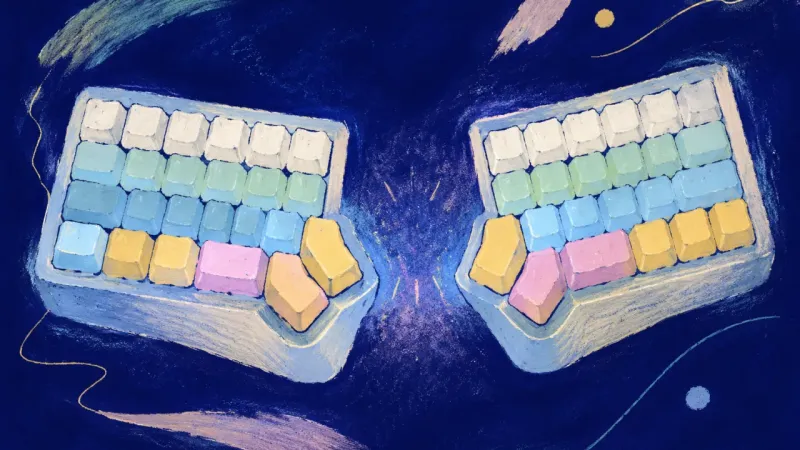 Two Tracks Restored A split keyboard restored into two ordered fields, representing coursework boundaries, honest review