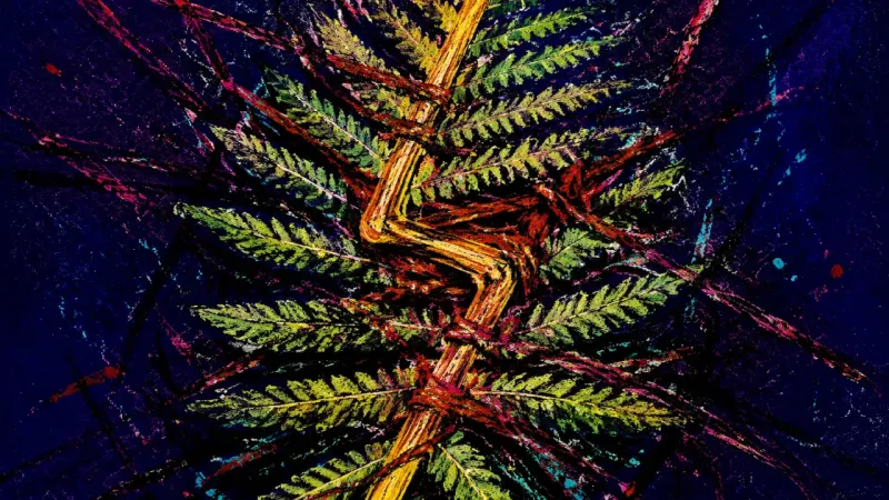 A crushed fern frond bound by chaotic lines, representing family-role loyalty, approval anxiety, and