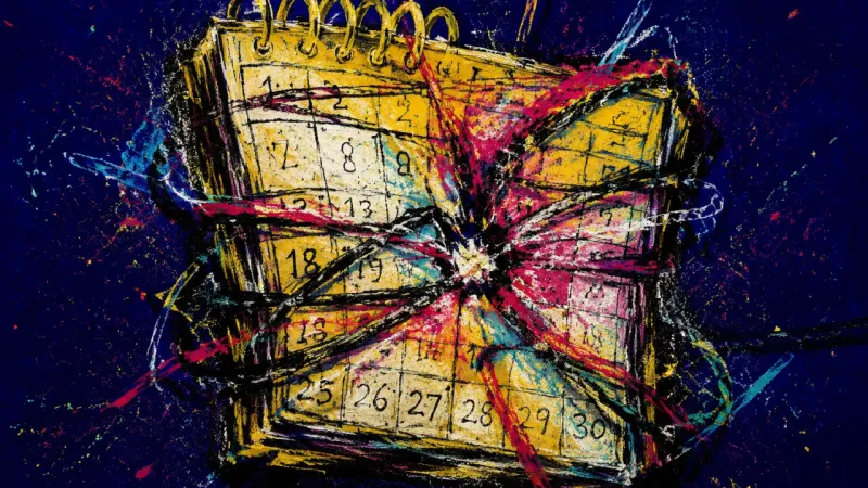 Calendar Under Pressure A distorted calendar grid represents dating urgency, imagined futures, and the pressure to force a h