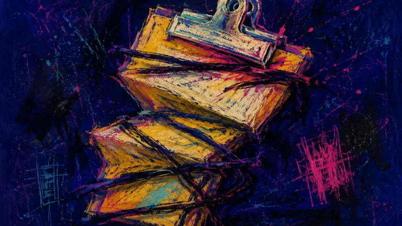 Clipboard Under Duress A warped clipboard bound by chaotic lines, representing resentment and lost agency around mandatory