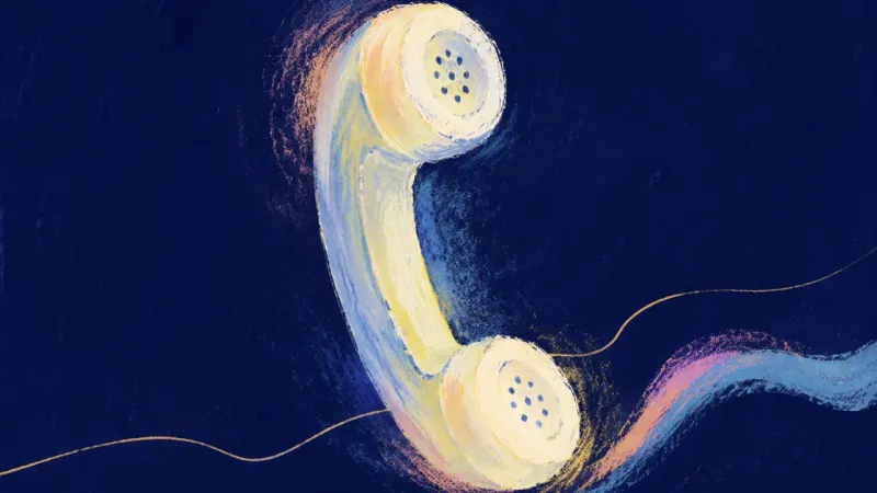 A telephone handset restored to an open, balanced form, representing direct communication and mutual
