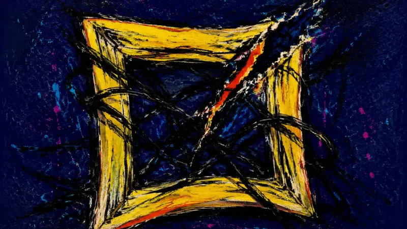 The Buckled Frame A warped picture frame wrapped in chaotic lines represents forced workplace positivity, suppressed'