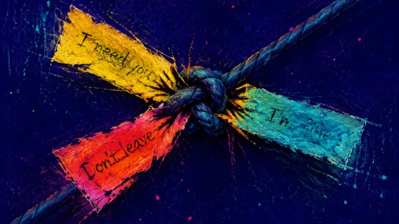 Borrowed Emergency Three rewritten message slips pulled through a tightly knotted telephone cord, symbolizing compulsiv