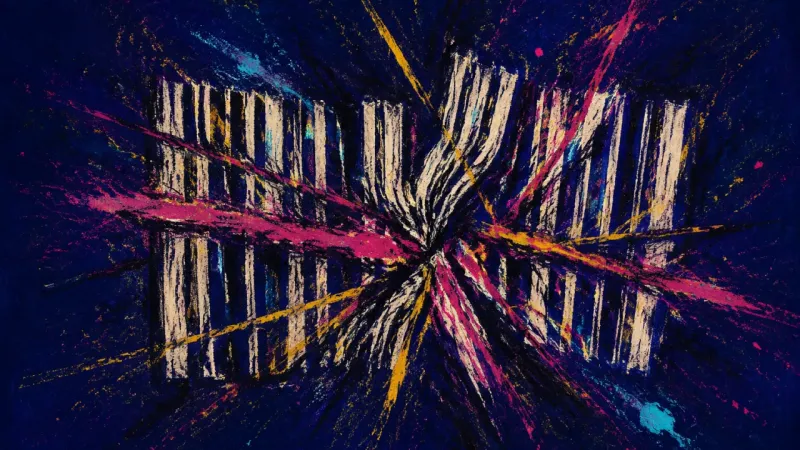 An abstract barcode twisted into a dense knot, representing the pressure to measure self-worth:B