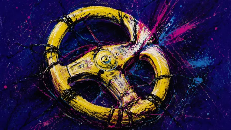 Steering Under Siege A crushed steering wheel tangled in harsh lines, representing overfunctioning, unequal emotional