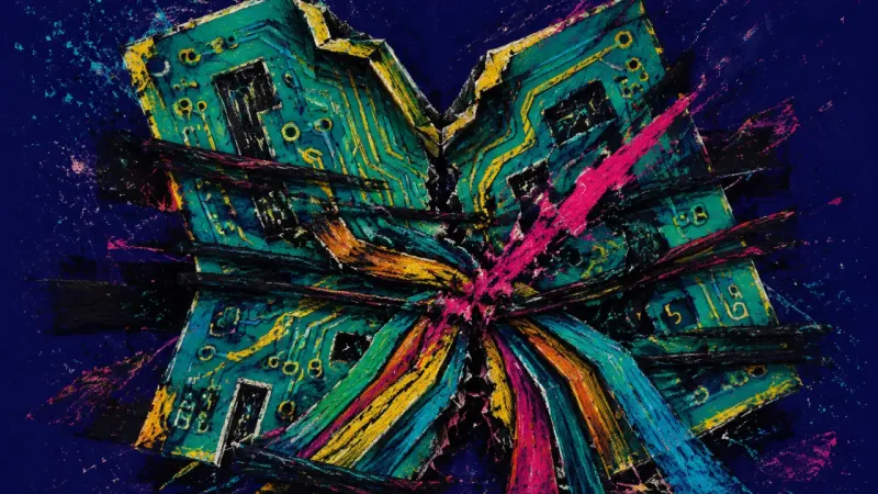Circuit Under Custody A circuit board crushed into a central knot, representing overcontrol, blurred ownership, and the p