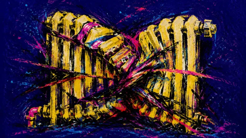 Repetition Under Verdict A crushed radiator bound by chaotic lines, representing capstone avoidance and the fear that