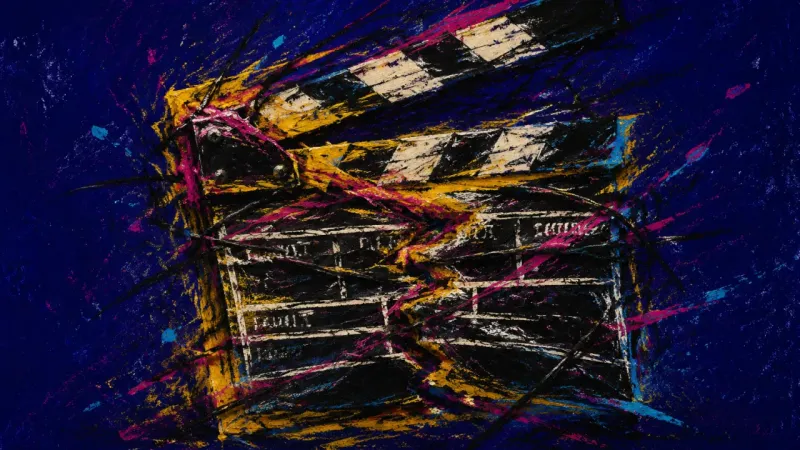 A clapperboard crushed into fragmented panels, representing selective nostalgia and the pressure of