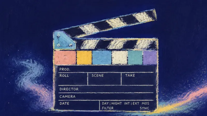 A restored clapperboard with every panel intact, representing grief without self-blame and a steady,