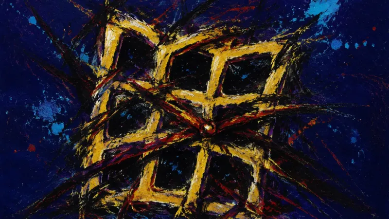 An abstract lattice crushed by tangled lines, representing compulsive pursuit of closeness and fearх