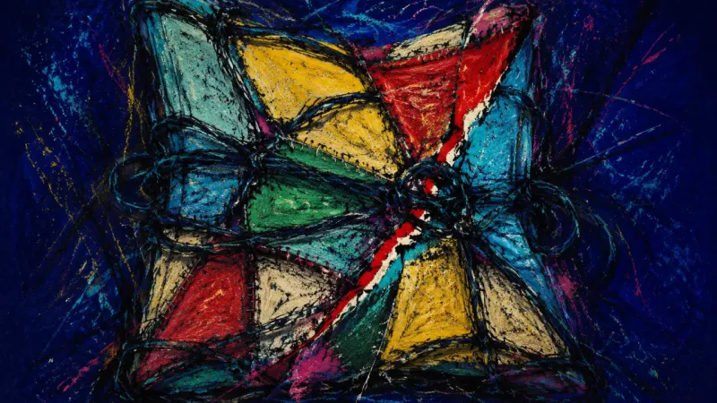 Seams Under Pressure A quilt crushed into tangled sections, representing career self-erasure and the oppressive loss of