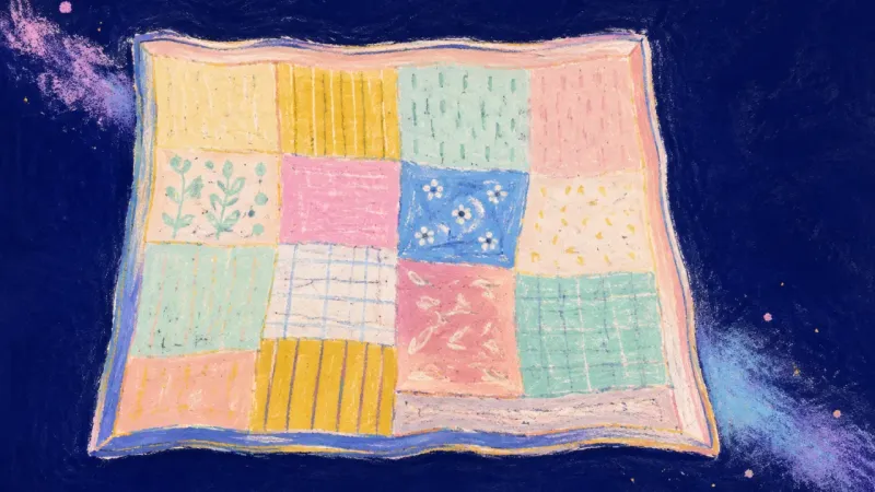 Authorship Rewoven A fully unfolded quilt with distinct, balanced panels, representing collaboration restored withouter