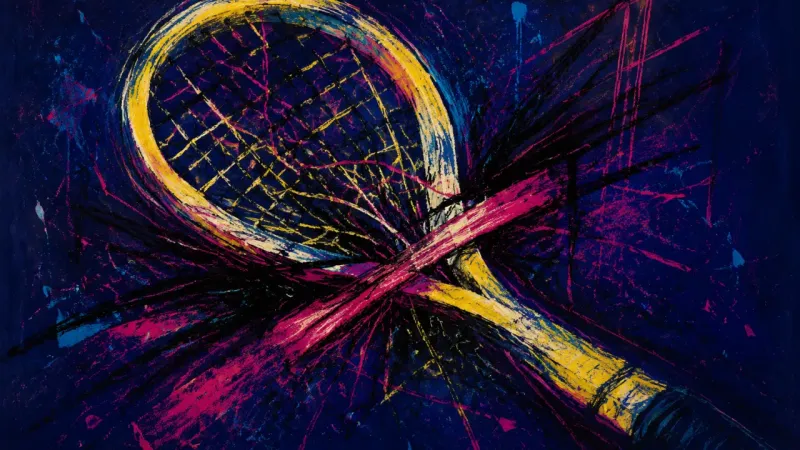 A tennis racket crushed and tangled by harsh lines, representing a personal boundary collapsingr.