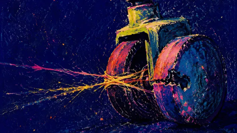 The Jammed Orbit An office chair caster jammed by tightly wound thread, symbolizing career paralysis driven by fear o