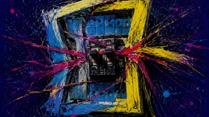 Collapsed Control Grid A circuit breaker panel crushed into a tangled block, representing career paralysis under fears of l
