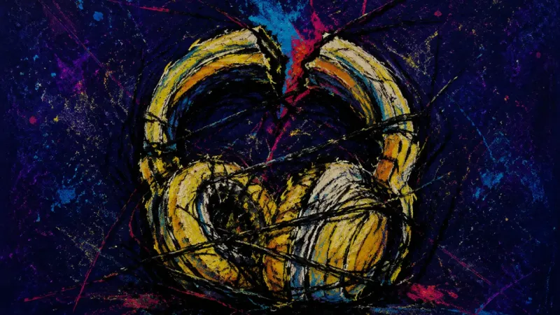 Pressure of Silence Crushed headphones tangled by dense lines represent contained anger and the loss of couple