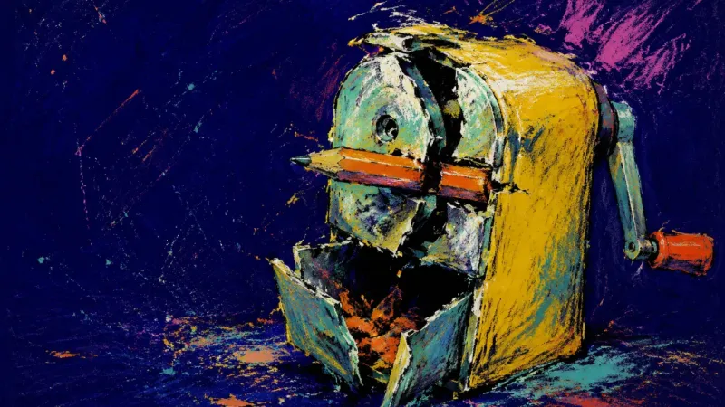 A crank pencil sharpener jammed by an overworked pencil stub, symbolizing study avoidance disguised 