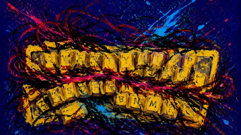 A distorted keyboard trapped under tangled marks, representing perfectionism-driven procrastination,