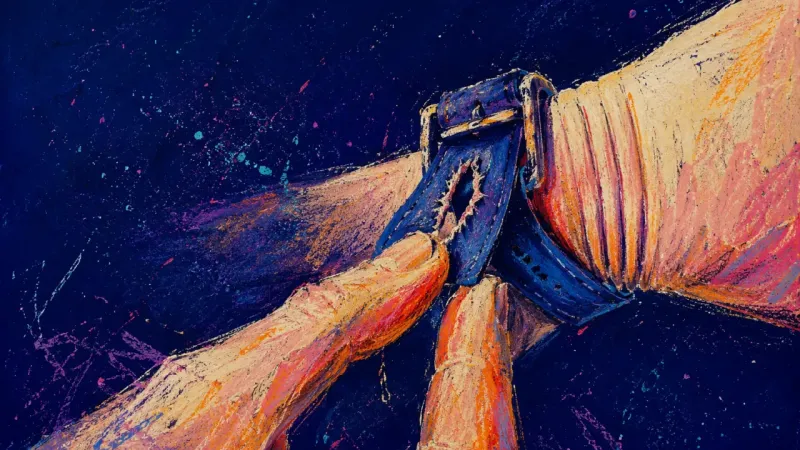 A watch strap pulled until it pinches a wrist and splits at the buckle, symbolizing self-restraint