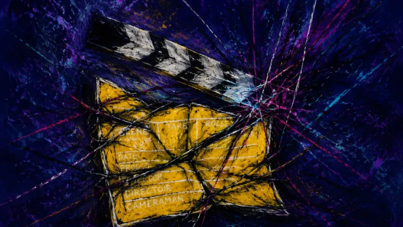 A crushed clapperboard trapped in disorder, representing relationship limbo, suppressed needs, and