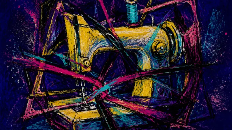 A crushed sewing machine tangled in chaotic lines, representing relationship decision paralysis and