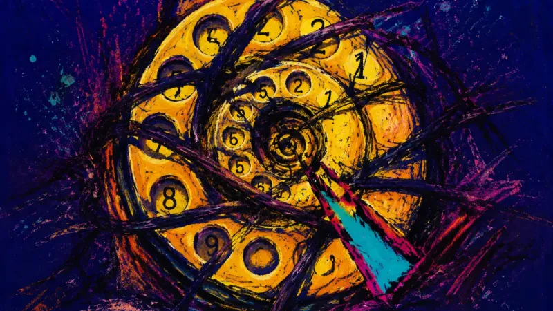 Crushed Return Loop A distorted rotary dial trapped in dense crossing marks, representing longing, repeated contact, and