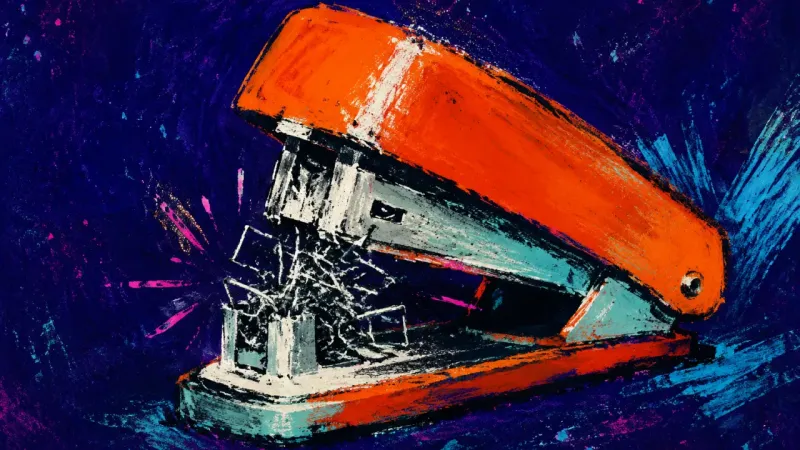 A stapler jammed by repeated presses, symbolizing detail-checking that continues after delegatedwork