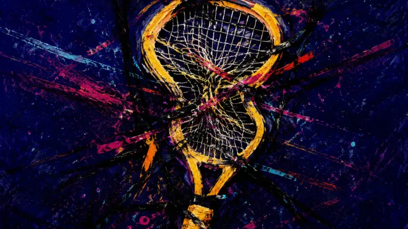 Rally Under Pressure A crushed tennis racket tangled in harsh lines, representing isolation, self-surveillance, and shame
