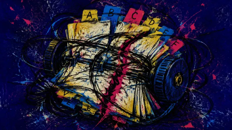A crushed Rolodex bound into a dense tangle, representing the competence trap and the pressure of‌