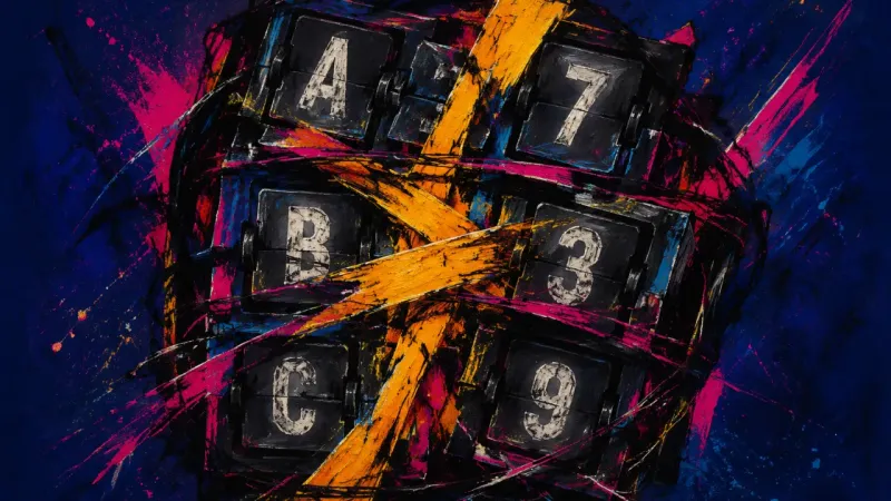 A crushed split-flap display with tangled rows represents self-doubt and lost inner order under