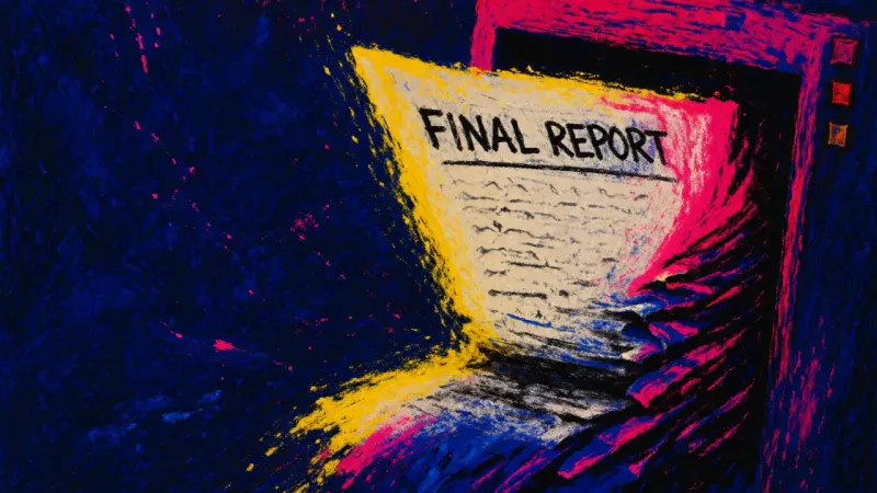 The Unsubmitted Edge A final report page repeatedly pulled back from a printer, symbolizing fear of judgment at the end a