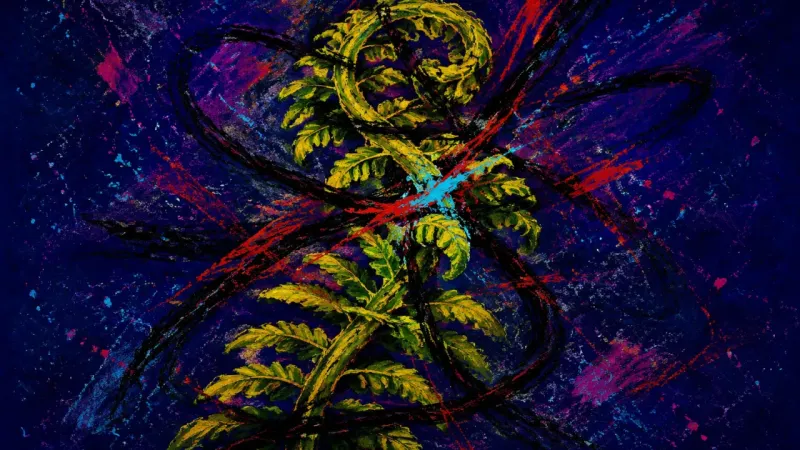 Frond Under Pressure A crushed fern bound by chaotic lines, representing perfectionism, study avoidance, and the loss of