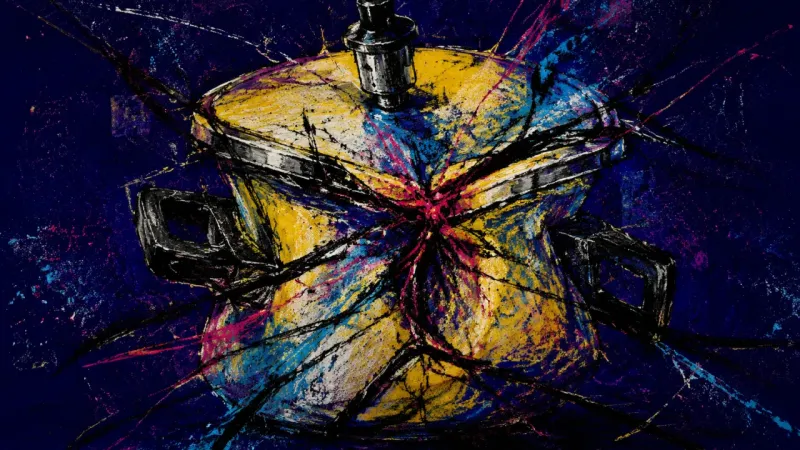 Pressure of Silence A crushed pressure cooker bound by chaotic lines, representing guilt, secrecy, and the burden of.