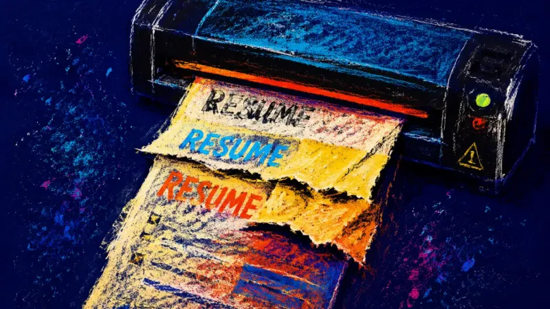 The Jammed Exit Several resume pages jam in a laminator, reflecting pressure to make a career change serve as a full