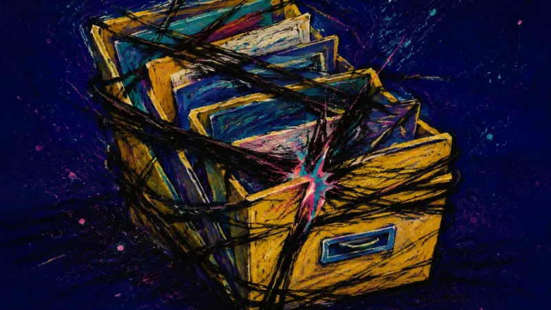 Compartment Collapse A crushed file organizer with tangled sections, reflecting pressure to make one rushed career change