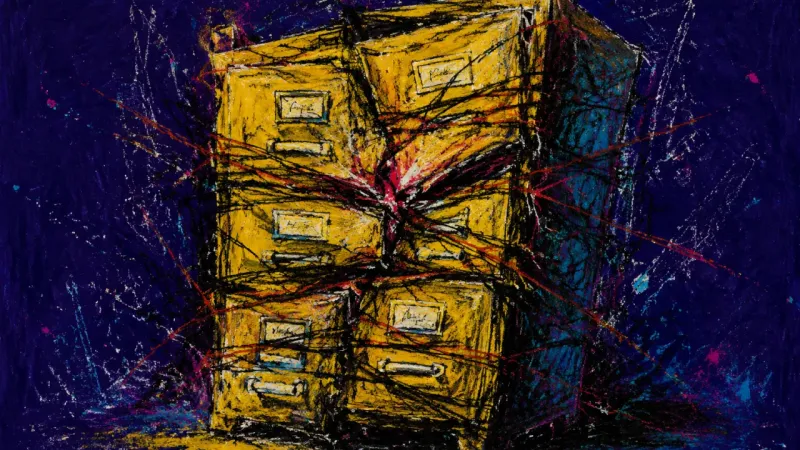 An abstract filing cabinet crushed into a chaotic block, representing self-erasure and resentment