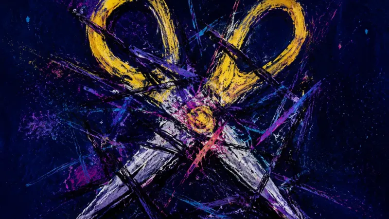 An abstract pair of scissors trapped in crossed blades and heavy lines, representing confusion