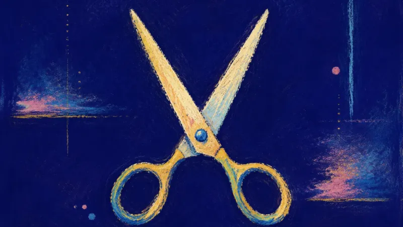 An abstract pair of scissors opened into balanced order, representing conscious ownership of inherit