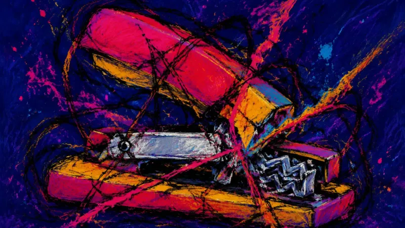 A crushed stapler bound by chaotic lines represents feedback anxiety and the pressure of mistaking