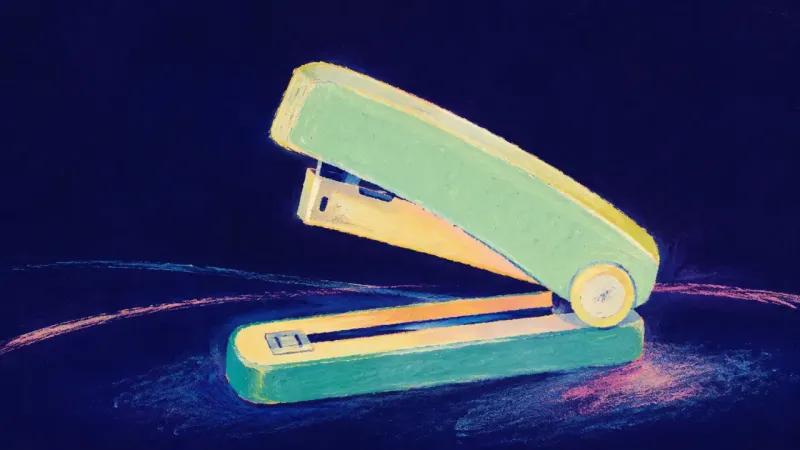 A restored open stapler represents workplace feedback anxiety resolving into clear questions, useful