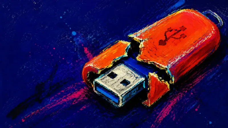 A split USB flash drive with its connector trapped halfway out, symbolizing research that protects a