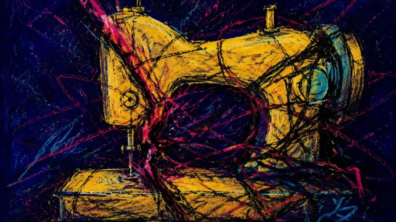 A distorted sewing machine overwhelmed by tangled lines, representing anxiety, avoidance, and fear